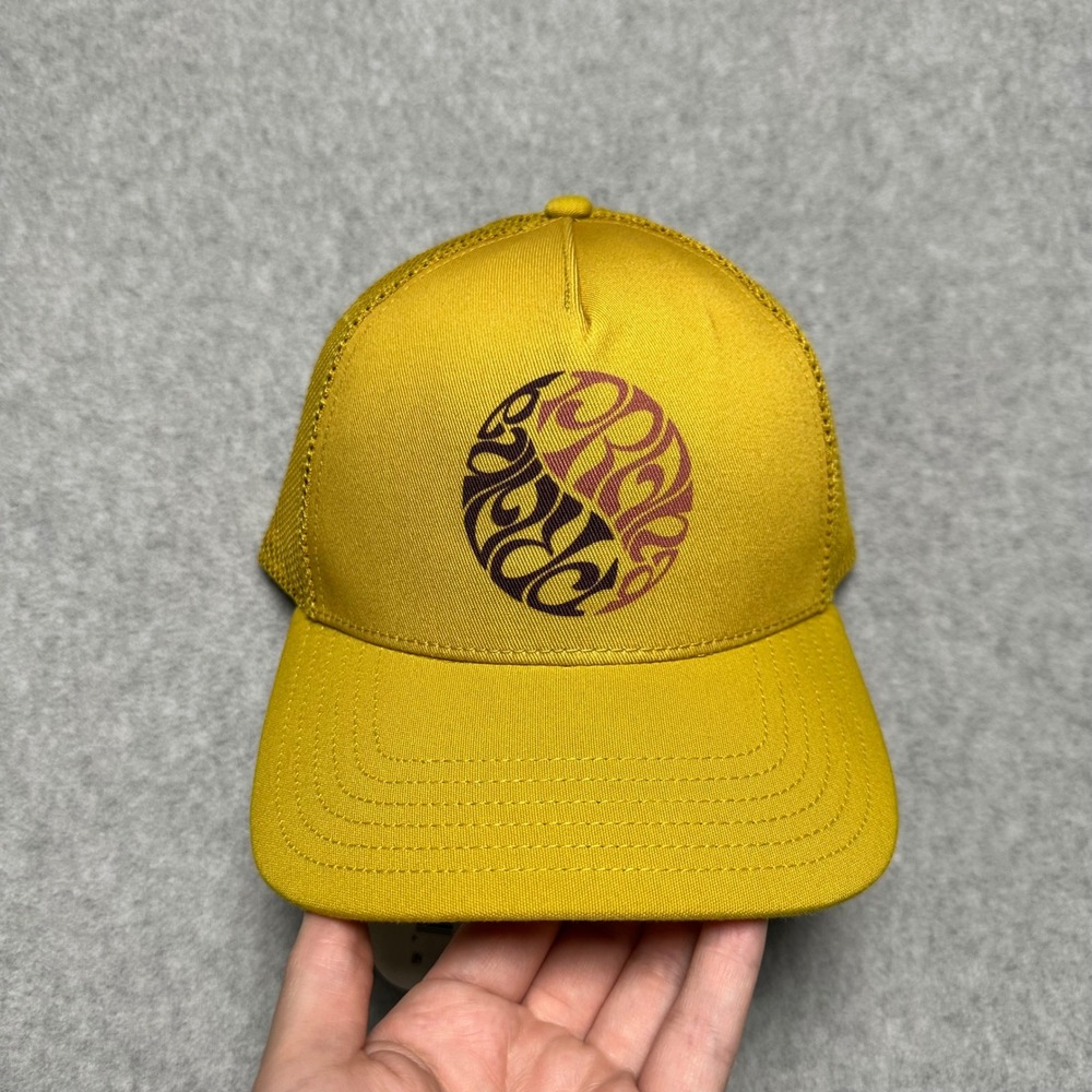 Prana Roads Ahead Trucker Hat Golden Leaf Symbol Yellow Mesh Snapback Cap NWT